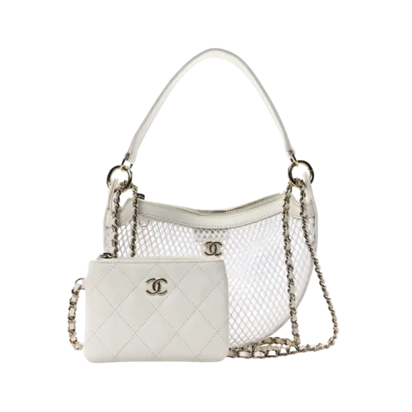 Chanel Mesh Shiny Lambskin Chain Hobo White