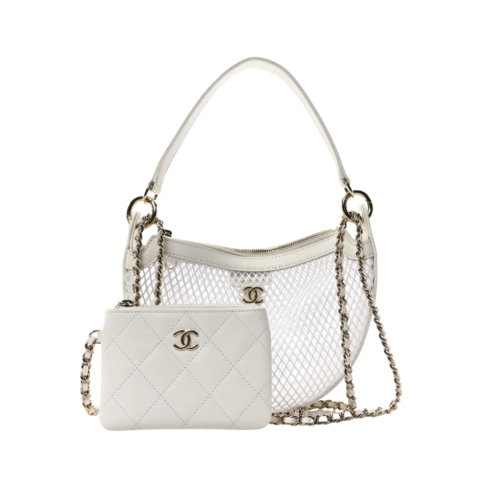 Chanel Mesh Shiny Lambskin Chain Hobo White