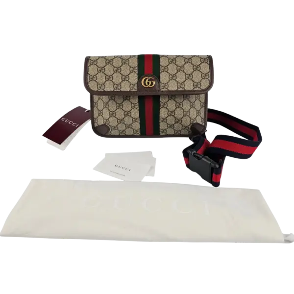 New Gucci Ophidia GG Supreme Small Belt Bag – Beige/Ebony Canvas, Web Stripe, Leather-Trimmed Ref. 752597