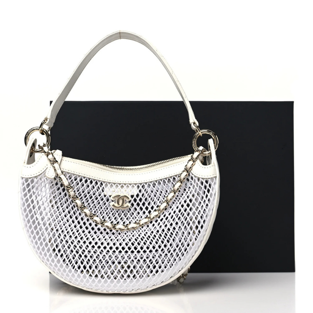 Chanel Mesh Shiny Lambskin Chain Hobo White - Image 3