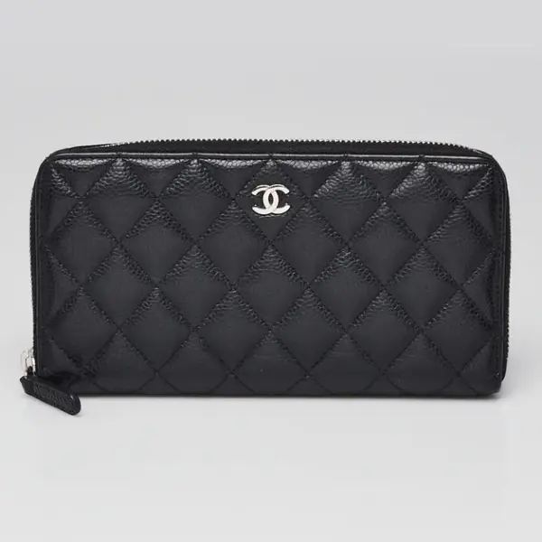 Black Quilted Caviar Leather L-Gusset Zip Wallet